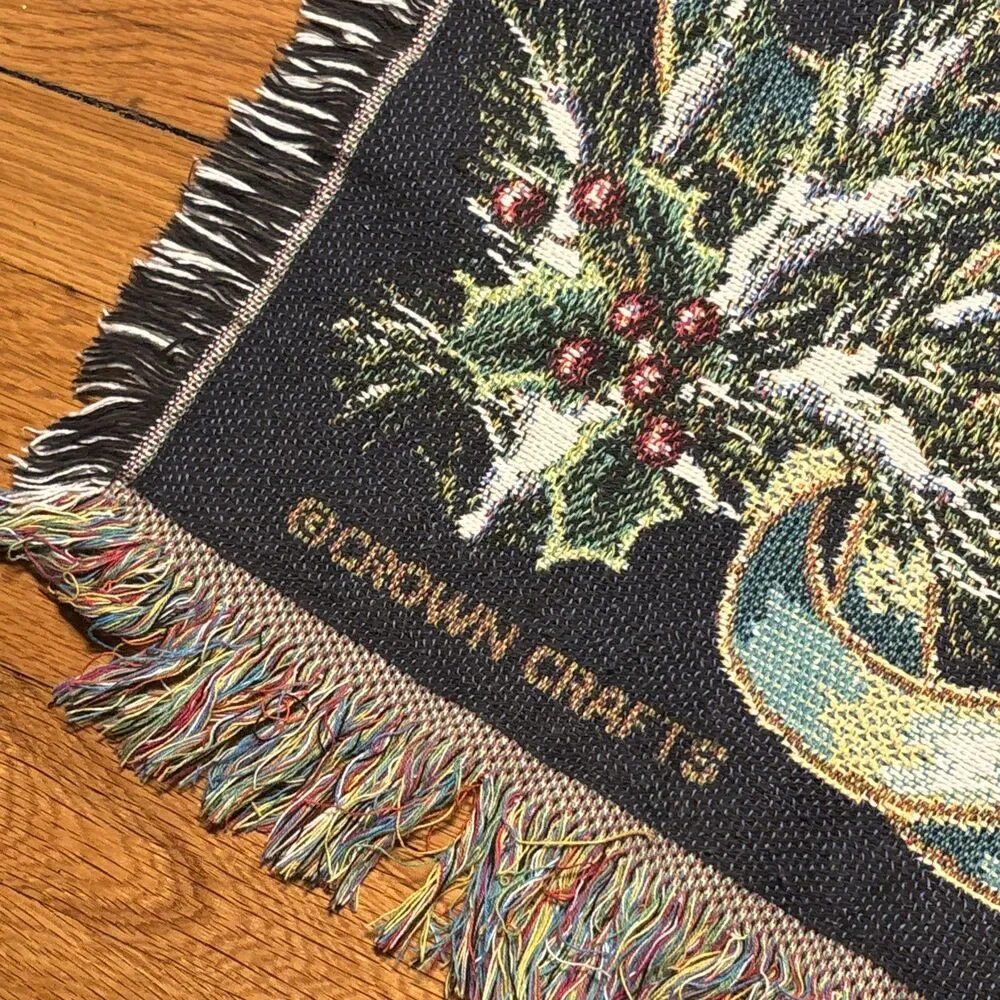 Vintage Crown Crafts VTG 44” X 64” Musical Christmas Needlepoint Fringed Blanket